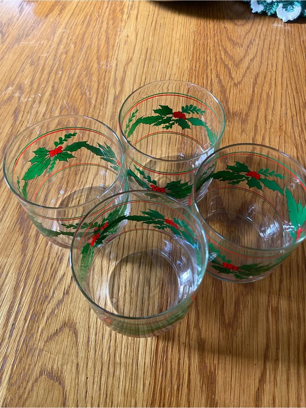 4 Holiday Holly Berry Low Ball Glasses Green & Red